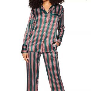Striped Satin Pajama Set - Green and Pink